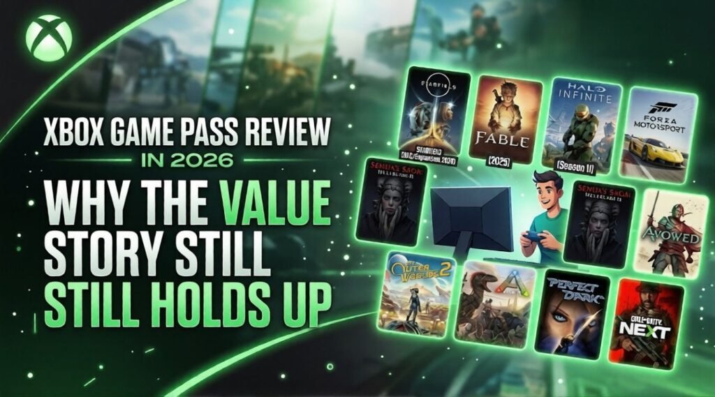 Xbox Game Pass review graphic focused on value in 2026, featuring a gamer at a monitor surrounded by floating game cover art, green neon effects, and bold text about why the service still holds up.