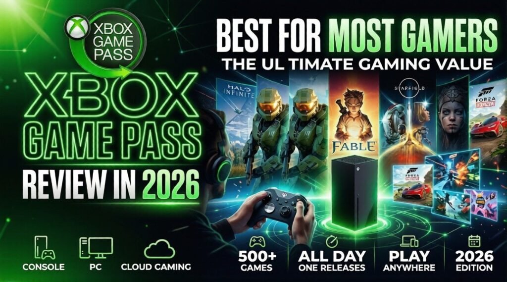 Xbox Game Pass promotional graphic highlighting the best option for most gamers, with a player holding a controller, Xbox console imagery, and game art for titles like Halo, Fable, Starfield, and Forza.