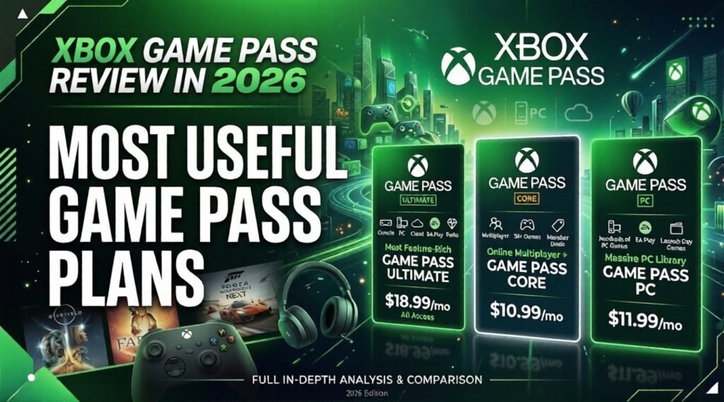 Xbox Game Pass review graphic showing three highlighted plan cards for Ultimate, Core, and PC, surrounded by green neon effects, Xbox branding, a controller, headset, and game artwork.