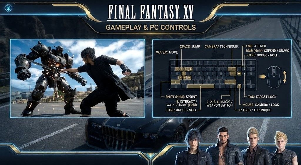 Gameplay overview graphic for Final Fantasy XV, showing Noctis fighting a large mech, a keyboard-and-mouse control layout, and the main party along the bottom.