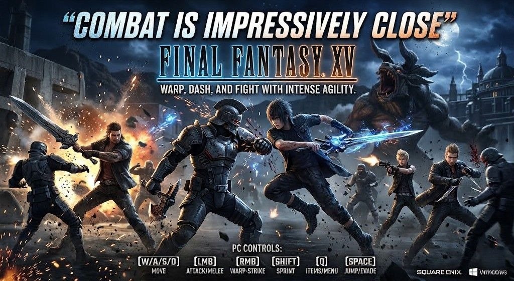 Action-focused Final Fantasy XV combat graphic showing Noctis and his party fighting soldiers and a monster at night, with on-screen PC control prompts and bold text emphasizing agile combat.