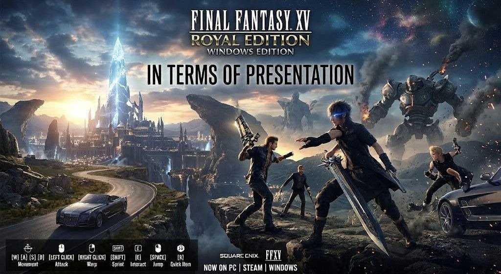 Promotional-style Final Fantasy XV Royal Edition image showing Noctis and his companions in a dramatic fantasy landscape, with a glowing crystal city, the Regalia, a giant mech enemy, and PC control icons below.
