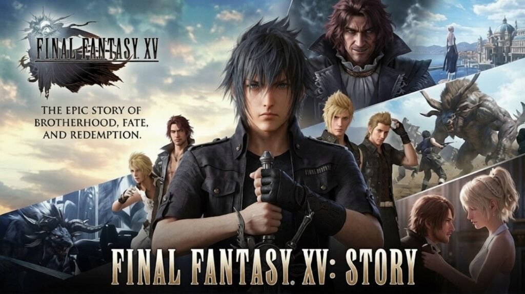Promotional-style collage for Final Fantasy XV story content, featuring Noctis centered with his sword, companions and key characters around him, battle scenes, and romantic moments, alongside text about brotherhood, fate, and redemption.