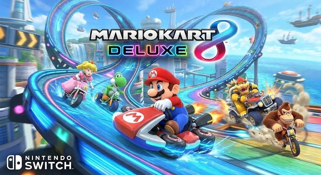 Mario Kart 8 Deluxe artwork shows Mario leading a race on a twisting anti-gravity track, with Peach, Yoshi, Bowser, and Donkey Kong speeding behind him above a bright ocean backdrop.