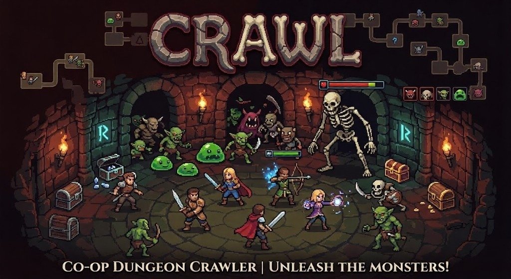 Pixel-art promotional image for Crawl showing heroes and monsters battling inside a torch-lit dungeon, with skeletons, goblins, slimes, treasure chests, and the game title above.