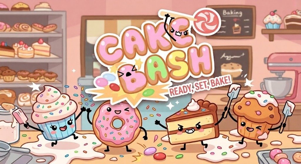Cake Bash artwork shows cheerful cupcake, donut, cake slice, and muffin characters in a pastel bakery, waving spatulas and candy as the colorful game logo bursts above them.
