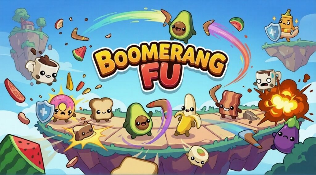 Boomerang Fu cover art showing cute food characters battling with flying boomerangs on floating platforms, with explosions, shields, and the game logo centered against a bright blue sky.