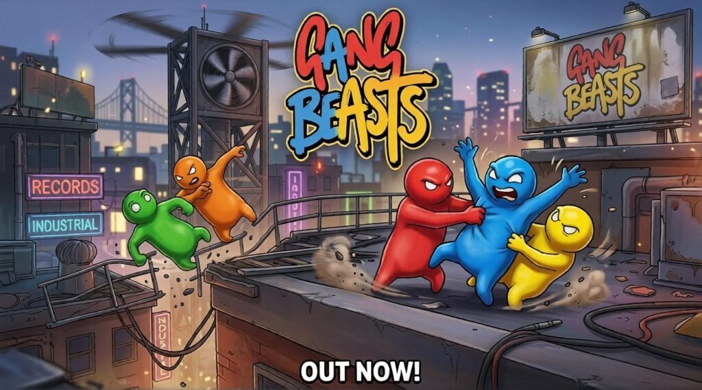 Gang Beasts promotional art shows colorful floppy characters brawling on a rooftop, with some grappling near the edge and others tumbling in a city setting beneath the large game logo.
