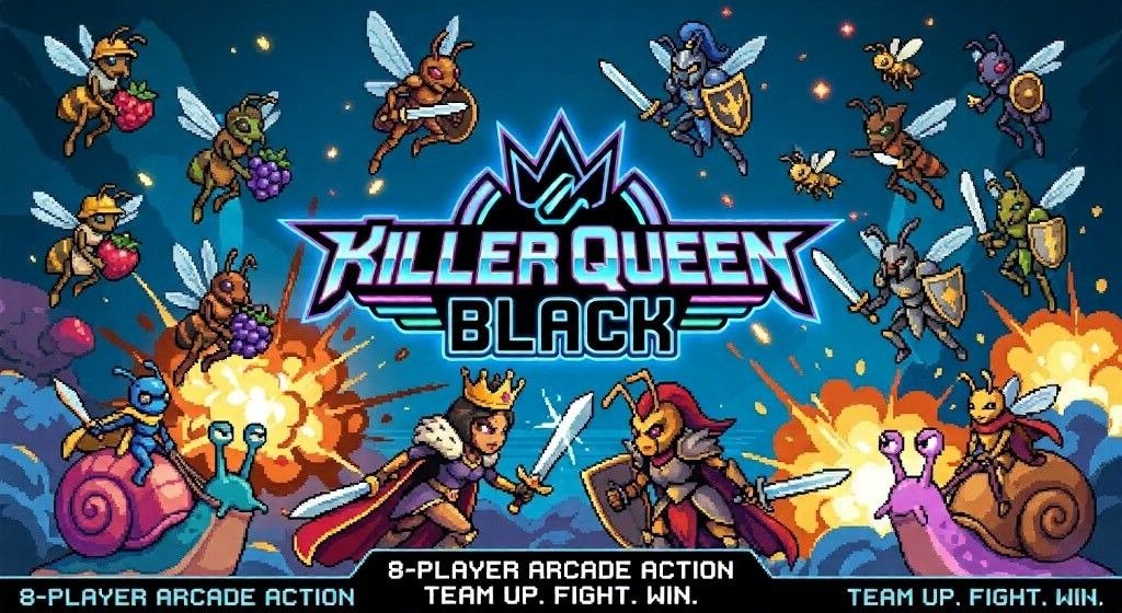 Killer Queen Black promotional art shows pixel-style insect warriors, queens, and giant snails battling around the glowing game logo, with explosions and fruit-carrying workers emphasizing fast 8-player arcade action.