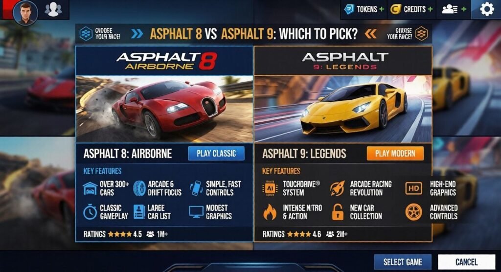 Comparison graphic asking “Asphalt 8 vs Asphalt 9: Which to Pick?” with Asphalt 8: Airborne shown as the classic, fast-access choice on the left and Asphalt 9: Legends shown as the modern, polished choice on the right, alongside feature highlights for both games.