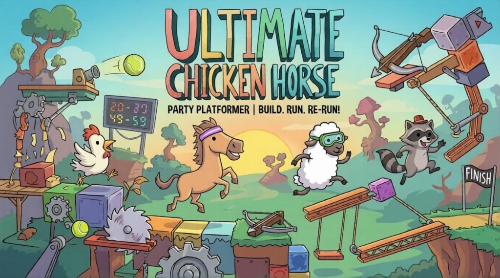 Ultimate Chicken Horse artwork shows a chicken, horse, sheep, and raccoon running through a handmade obstacle course filled with traps, platforms, saws, cannons, and crossbows beneath the game title.