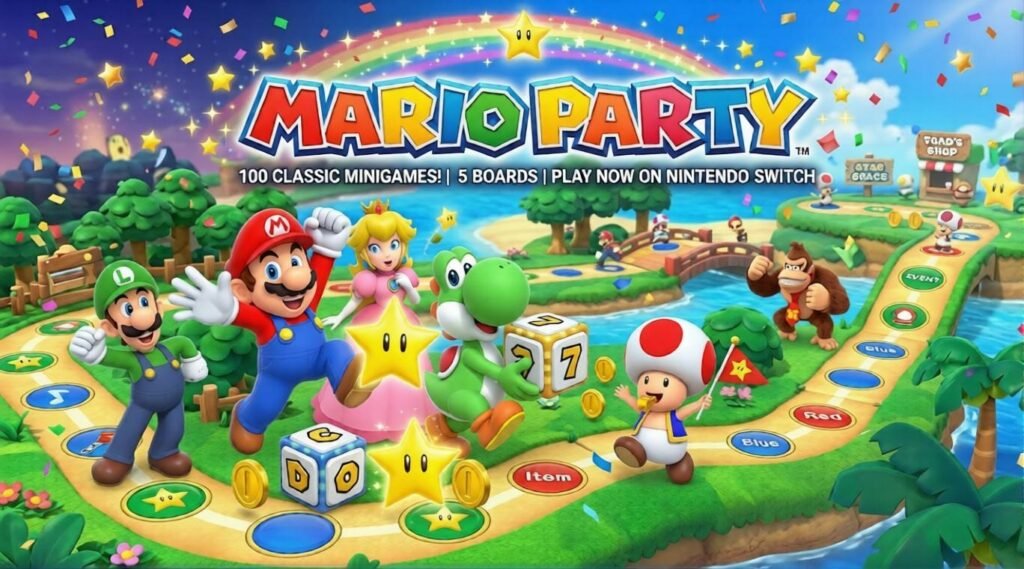 Mario Party promotional art shows Mario, Luigi, Peach, Yoshi, Toad, and Donkey Kong celebrating on a colorful board-game map filled with stars, dice blocks, coins, and confetti beneath a rainbow.