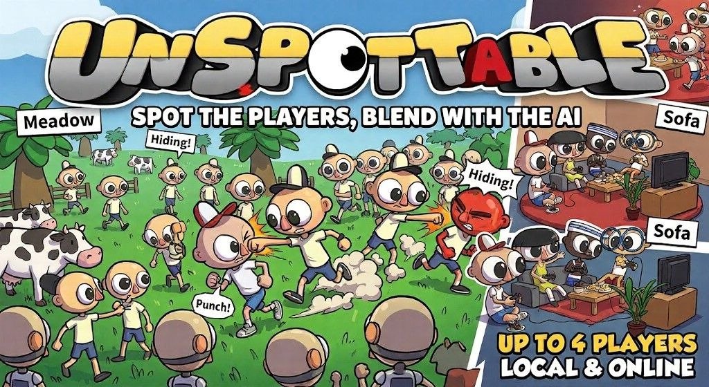 Unspottable promotional art shows cartoon characters blending in with similar-looking AI figures across a meadow and living room scenes, with labels highlighting hiding, spotting players, and local or online multiplayer.