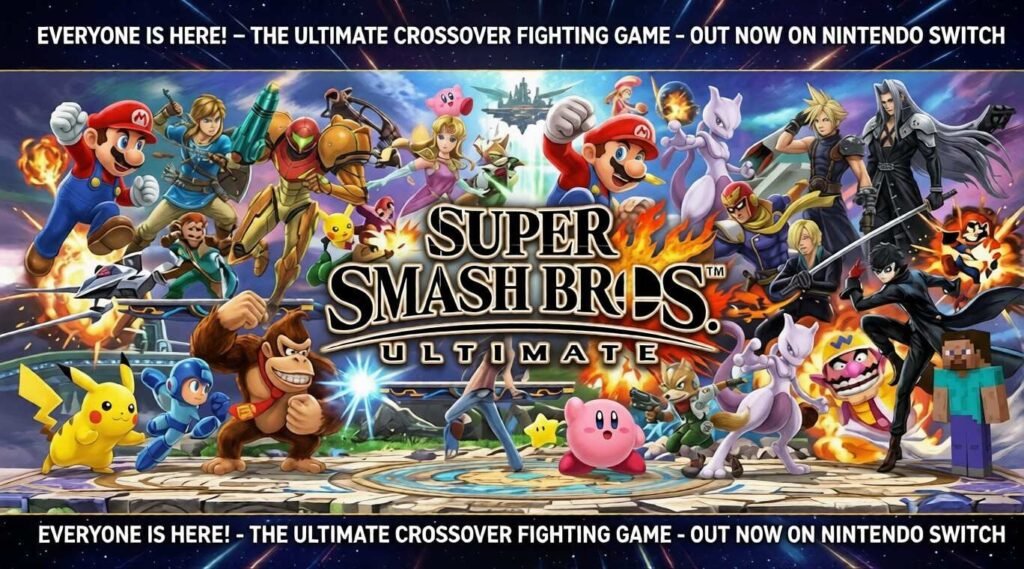 Promotional art for Super Smash Bros. Ultimate featuring a large cast of iconic fighters around the game logo, including Mario, Link, Samus, Kirby, Pikachu, Donkey Kong, Mewtwo, Cloud, Sephiroth, and others, with text announcing the crossover fighting game on Nintendo Switch.