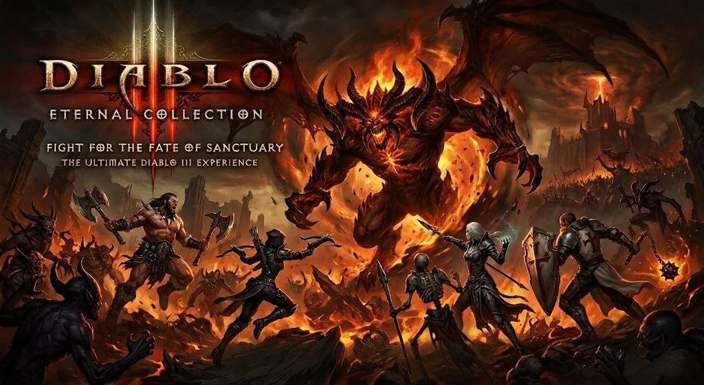 Promotional Diablo III: Eternal Collection artwork showing a towering demon surrounded by fire while heroes battle undead and demonic enemies across a ruined battlefield.