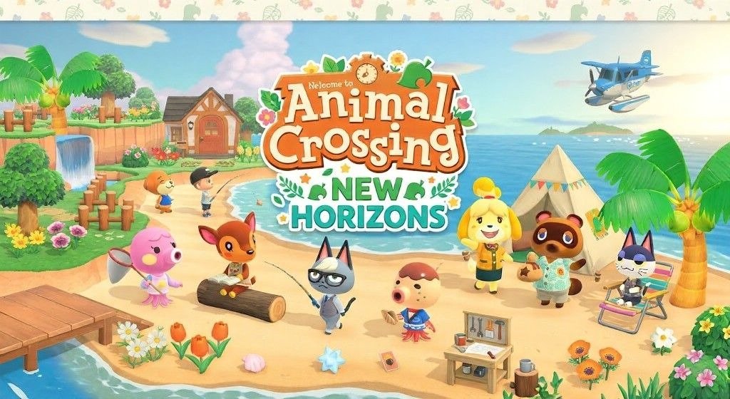 Promotional Animal Crossing: New Horizons artwork showing villagers and animal characters relaxing, fishing, crafting, and socializing on a sunny beachside island.