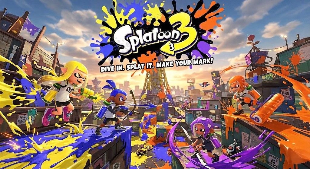 Promotional artwork for Splatoon 3 showing colorful ink-splattering action between yellow, blue, orange, and purple teams in an urban arena beneath the game logo.