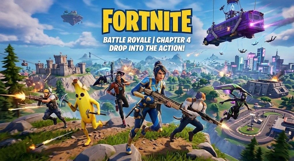 Promotional Fortnite Chapter 4 artwork showing armed characters charging across a cliff while the Battle Bus flies overhead above a colorful battle royale island.