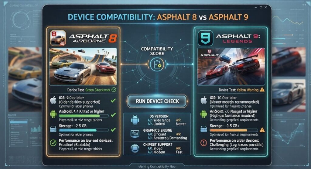 Device compatibility comparison graphic for Asphalt 8: Airborne and Asphalt 9: Legends, showing Asphalt 8 as better suited to older and mid-range devices while Asphalt 9 requires stronger hardware for smoother performance and higher visual quality.