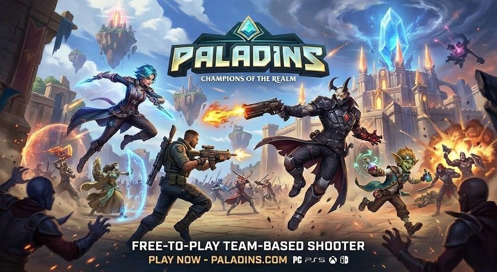 Promotional Paladins: Champions of the Realm artwork showing fantasy and sci-fi heroes battling across a chaotic battlefield beneath the game logo.