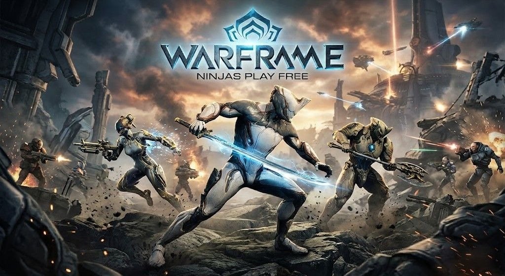 Promotional Warframe artwork showing armored futuristic warriors battling across a ruined sci-fi battlefield beneath the game logo.