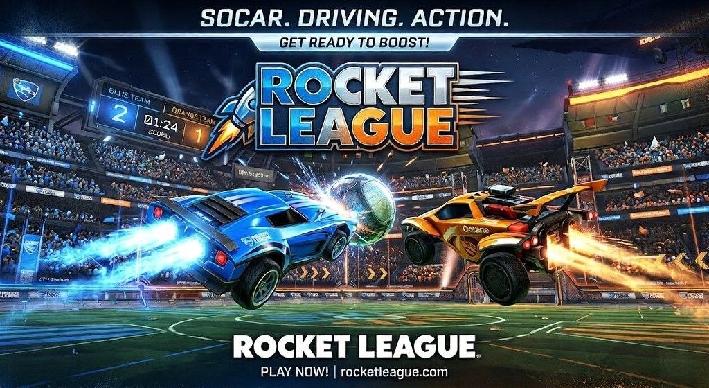 Promotional Rocket League artwork showing a blue and an orange rocket-powered car colliding with a giant ball inside a brightly lit stadium beneath the game logo.