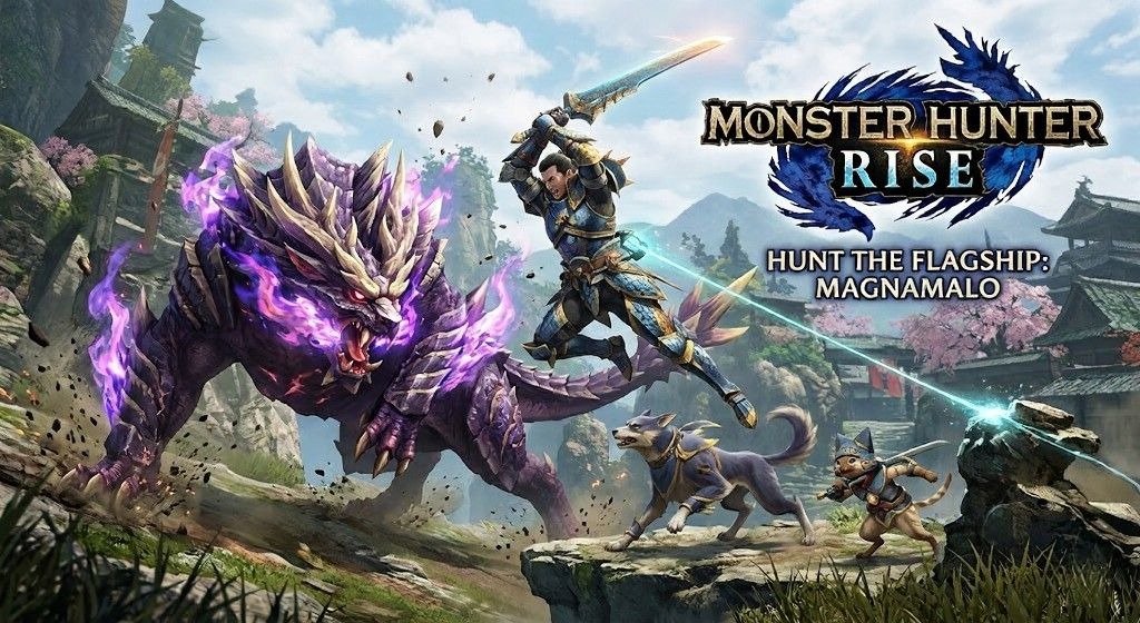 Promotional Monster Hunter Rise artwork showing a hunter leaping toward Magnamalo while a Palamute and Palico assist in a dramatic monster battle.