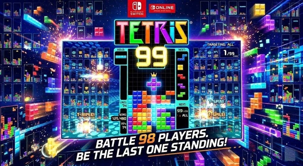 Promotional Tetris 99 artwork showing a central Tetris board surrounded by dozens of competing screens, bright falling blocks, and explosive multiplayer effects.