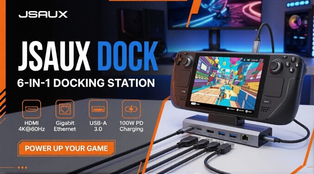 JSAUX 6-in-1 docking station supports a Steam Deck on desk.
Image highlights HDMI, Ethernet, USB-A, and 100W PD charging.