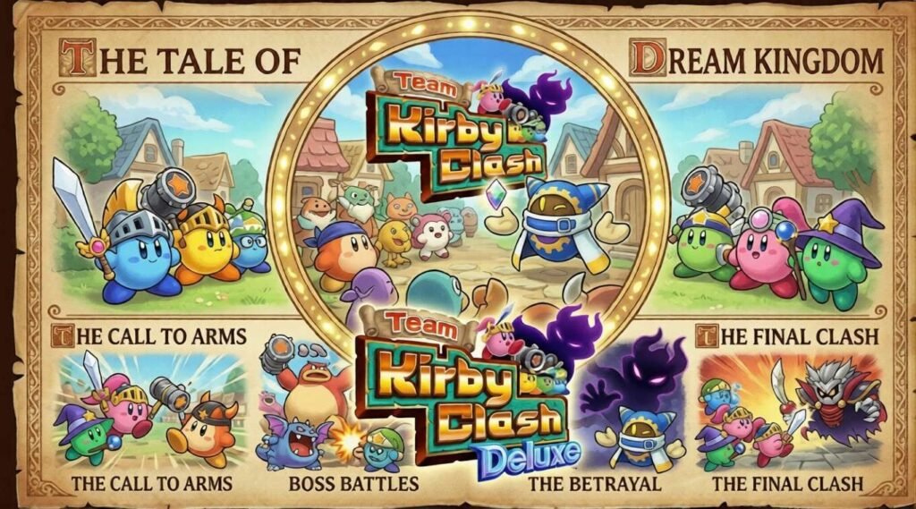Storybook-style Team Kirby Clash Deluxe artwork showing Dream Kingdom scenes, with Team Kirby, Magolor, boss battles, betrayal, and a final clash arranged in framed panels.