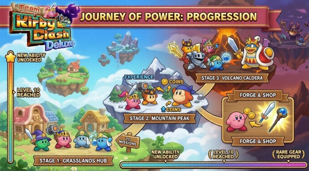 Progression overview art for Team Kirby Clash Deluxe showing Team Kirby advancing from Grasslands Hub to Mountain Peak and Volcano Caldera, with leveling, coins, new abilities, and forge upgrades.