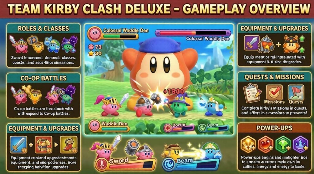 Gameplay overview image for Team Kirby Clash Deluxe showing a boss fight against Colossal Waddle Dee, surrounded by panels for roles, co-op battles, equipment, quests, and power-ups.