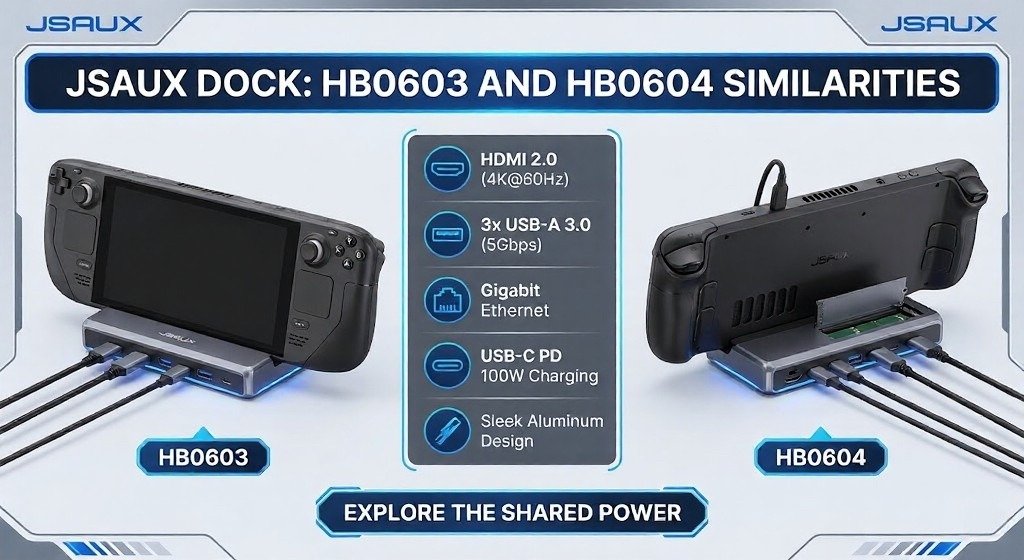 Comparison image of JSAUX HB0603 and HB0604 dock similarities.
Shows shared HDMI, USB-A, Ethernet, charging, and aluminum design features.