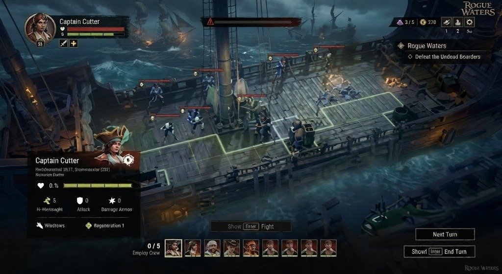 Screenshot of Rogue Waters gameplay showing Captain Cutter leading a turn-based boarding battle on a stormy ship deck against undead boarders, with crew portraits, movement paths, and combat UI visible.