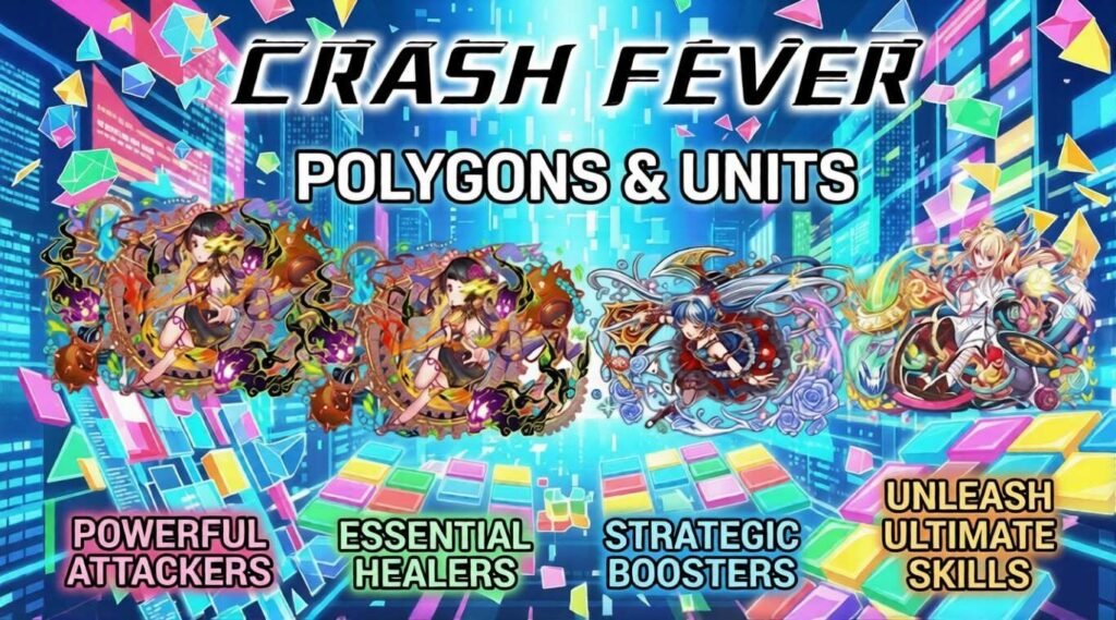 Promotional Crash Fever image focused on polygons and units, showing several anime-style characters against a bright digital city backdrop, with text highlighting powerful attackers, essential healers, strategic boosters, and ultimate skills.