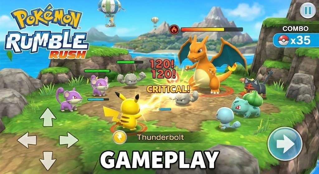 Pokémon Rumble Rush gameplay shows Pikachu using Thunderbolt against Charizard.
Rattata, Bulbasaur, and other Pokémon battle on a bright island stage.