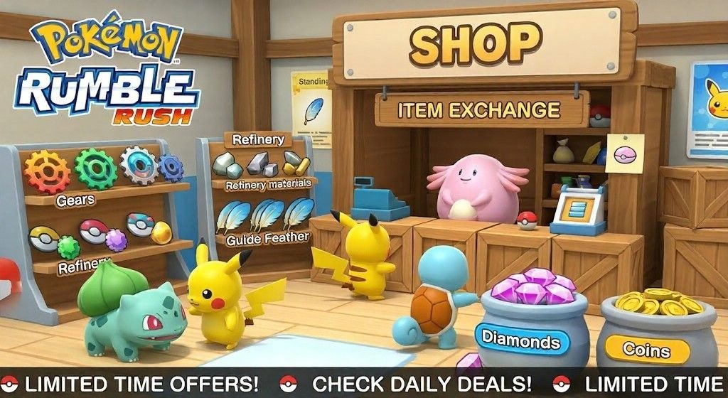 Pokémon Rumble Rush shop artwork shows Pikachu, Bulbasaur, and Squirtle indoors.
A cheerful counter displays gears, feathers, diamonds, coins, and shop items.