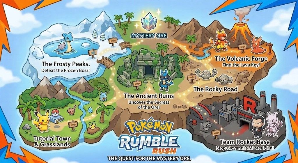 Illustrated map for Pokémon Rumble Rush shows themed islands and routes.
Areas include Frosty Peaks, Ancient Ruins, Volcanic Forge, and Team Rocket Base.