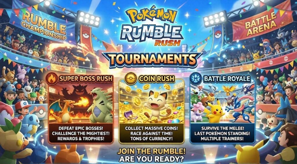 Promotional tournament art for Pokémon Rumble Rush shows three battle modes.
A crowded arena surrounds panels for Super Boss Rush, Coin Rush, and Battle Royale.