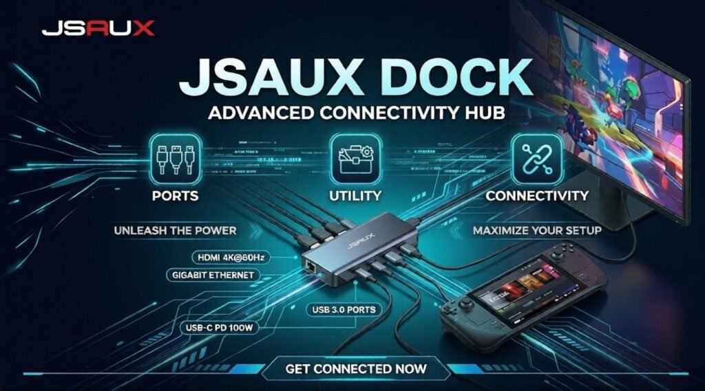 JSAUX dock graphic emphasizes ports, utility, and wired connectivity features.
Shows handheld-to-monitor setup with HDMI, Ethernet, USB, and power delivery.
