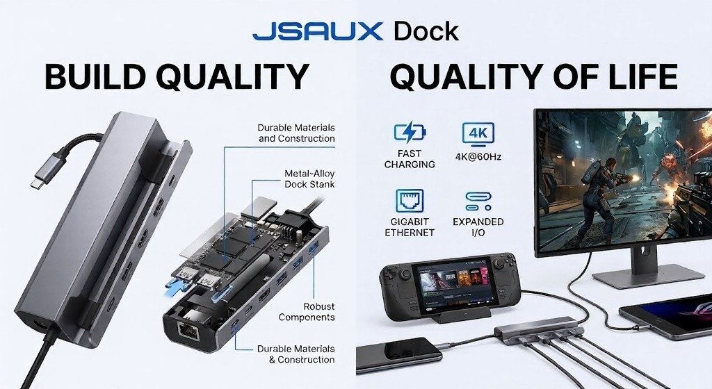 JSAUX dock graphic highlights build quality and everyday gaming convenience. Shows durable construction, 4K output, Ethernet, and expanded connectivity.