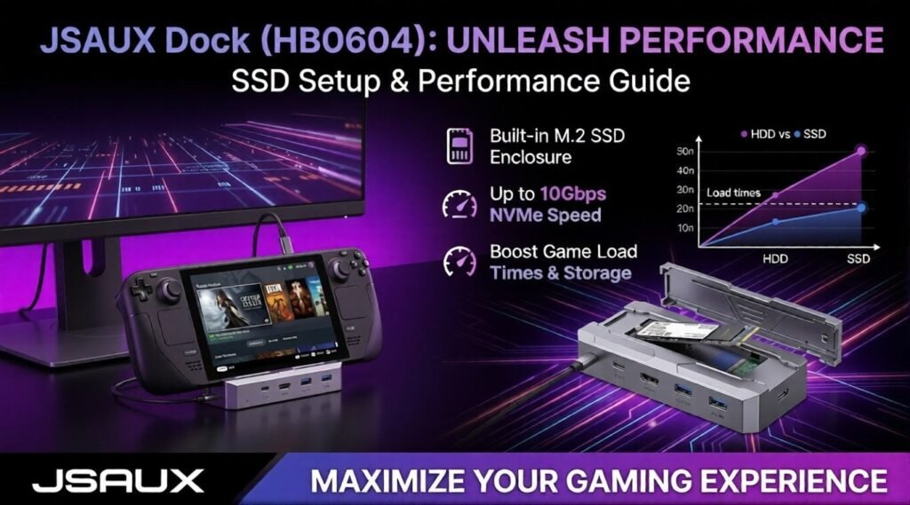 Promotional image for JSAUX HB0604 dock with built-in SSD storage.
Shows Steam Deck setup, M.2 enclosure, speed claims, and load-time chart.