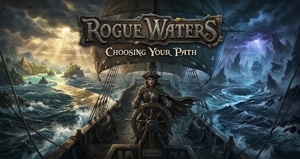 Artwork for Rogue Waters showing Captain Cutter steering a ship between contrasting seas, with bright islands on one side and a dark stormy whirlpool on the other, emphasizing route selection and uncertainty.