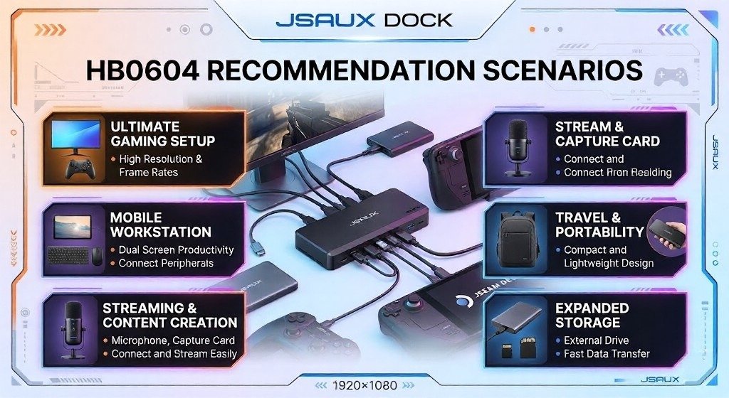 Promotional graphic shows HB0604 dock use cases across gaming and work.
Highlights streaming, travel, storage, capture, and desktop setup scenarios.