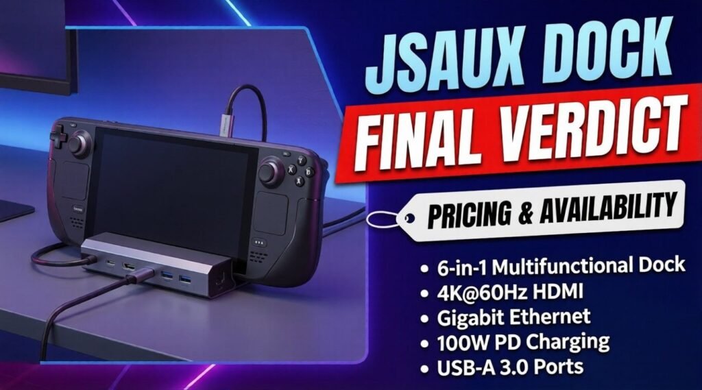 JSAUX dock promo shows handheld console with pricing and feature summary.
Highlights 6-in-1 design, HDMI, Ethernet, USB-A ports, and 100W charging.