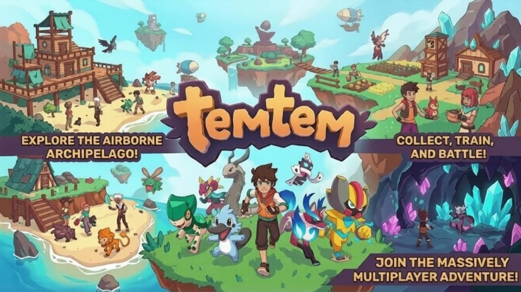 Temtem promotional image with floating islands, trainers, and colorful creatures.
Text highlights exploration, collecting, battling, and multiplayer adventure across skies.