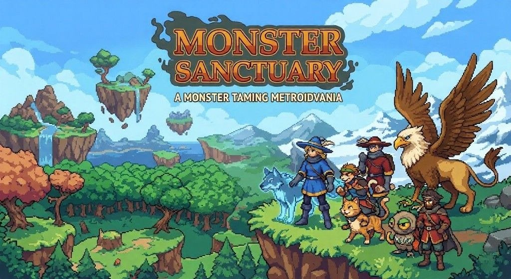 Monster Sanctuary artwork shows heroes and monsters in a pixel world.
Text brands it a monster taming Metroidvania with exploration focus.