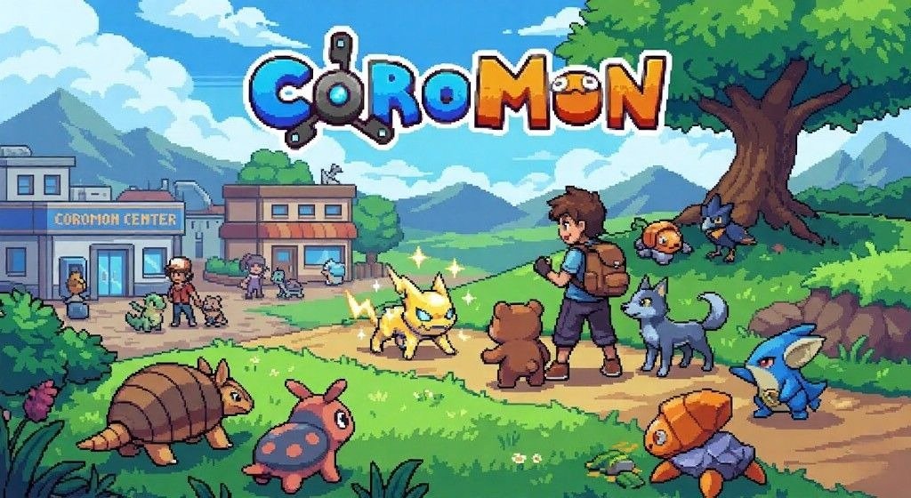 Coromon artwork shows a trainer among pixel creatures in bright nature.
The image suggests classic monster collecting with retro adventure charm.