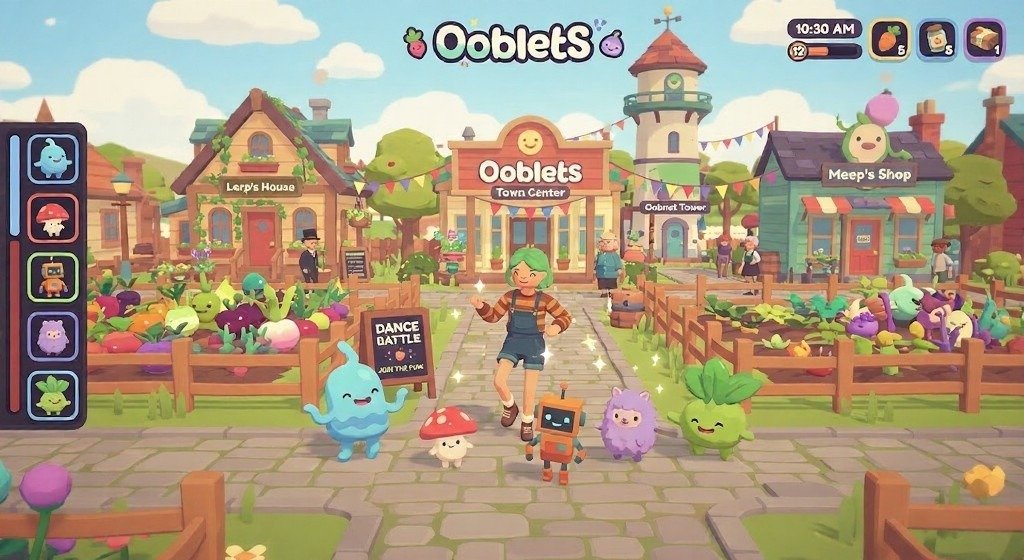 Ooblets artwork shows a cheerful town square with quirky companions.
Farming, dance battles, and cozy creature collecting define the scene.
