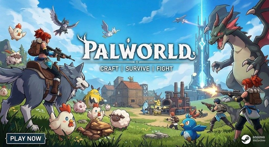Palworld artwork shows armed trainers, creatures, and a busy survival base.
The image emphasizes crafting, fighting, and monster-powered exploration.